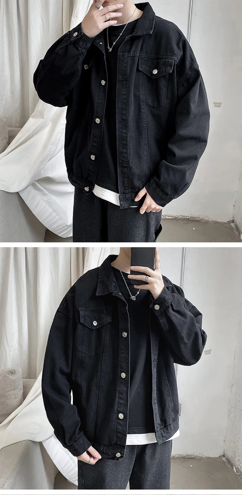 Black Denim Short Jacket: Casual Streetwear Coat with Pockets, Men's Overalls.