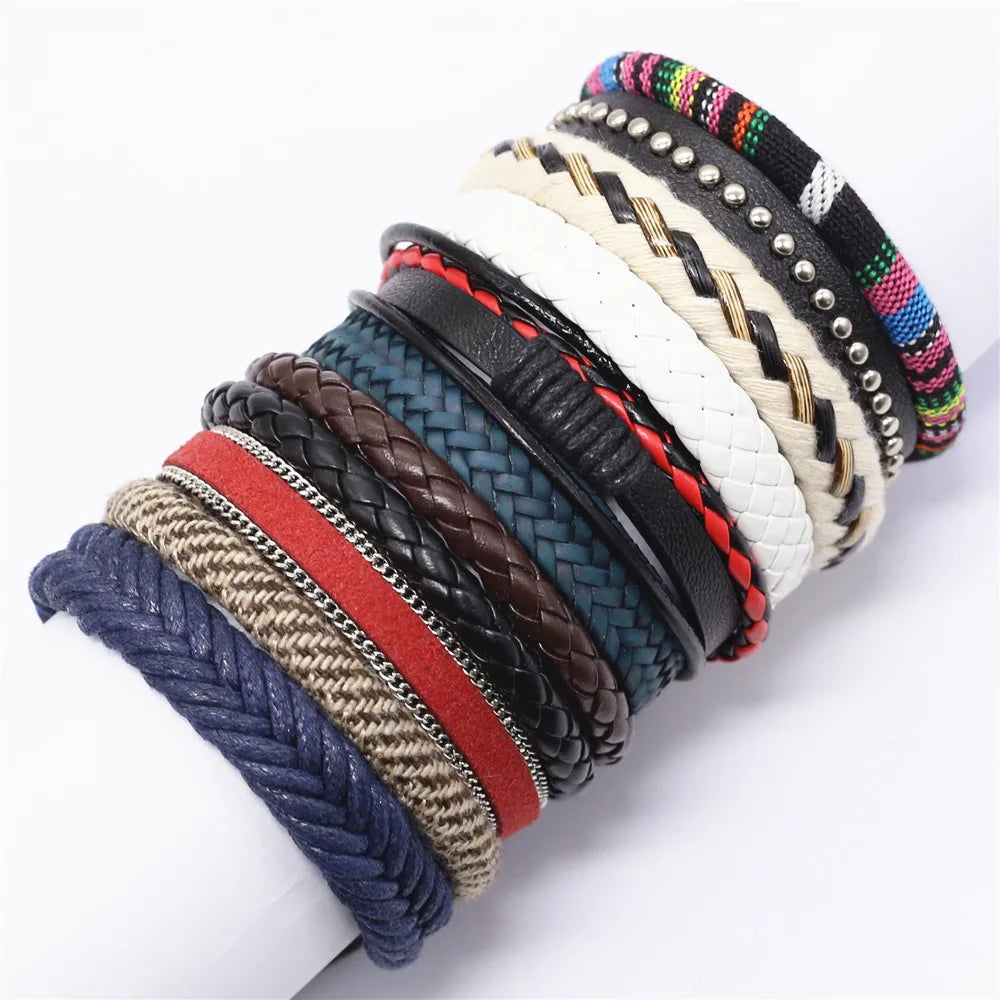 10 Pcs Handmade Weave Charm Wrap Leather Bracelets for Men Women