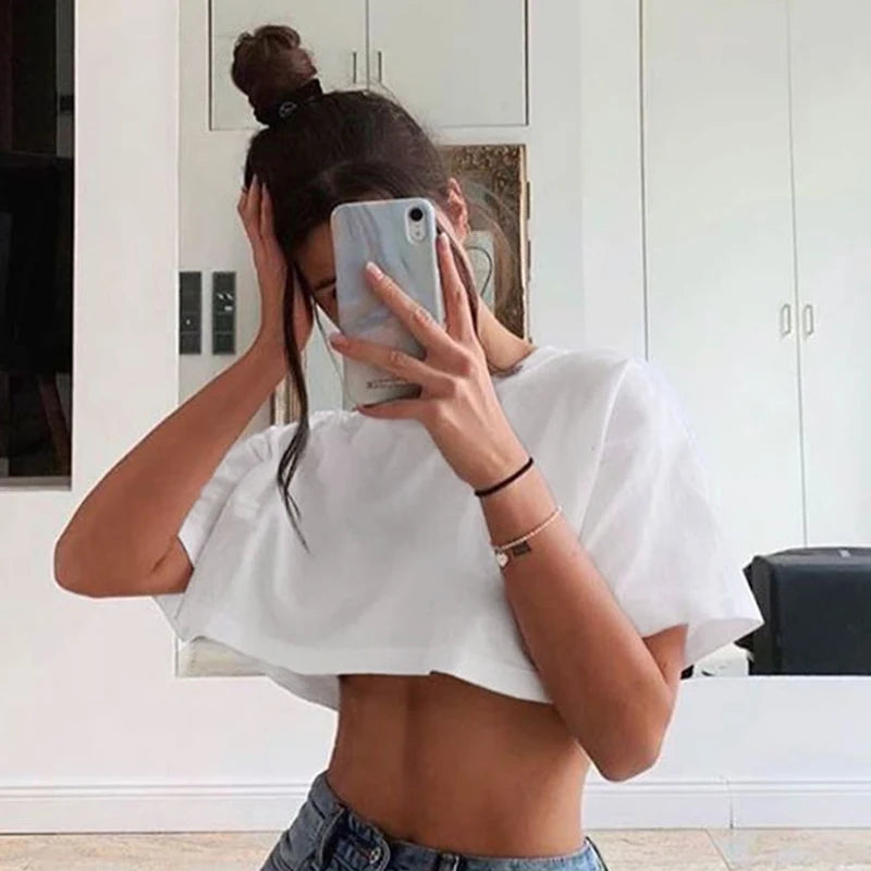 Women's Casual Loose Cotton White Crop Top - Summer Streetwear