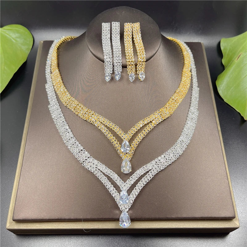 Elegant Silver Rhinestone Bridal Jewellery  Set - Necklace & Earrings