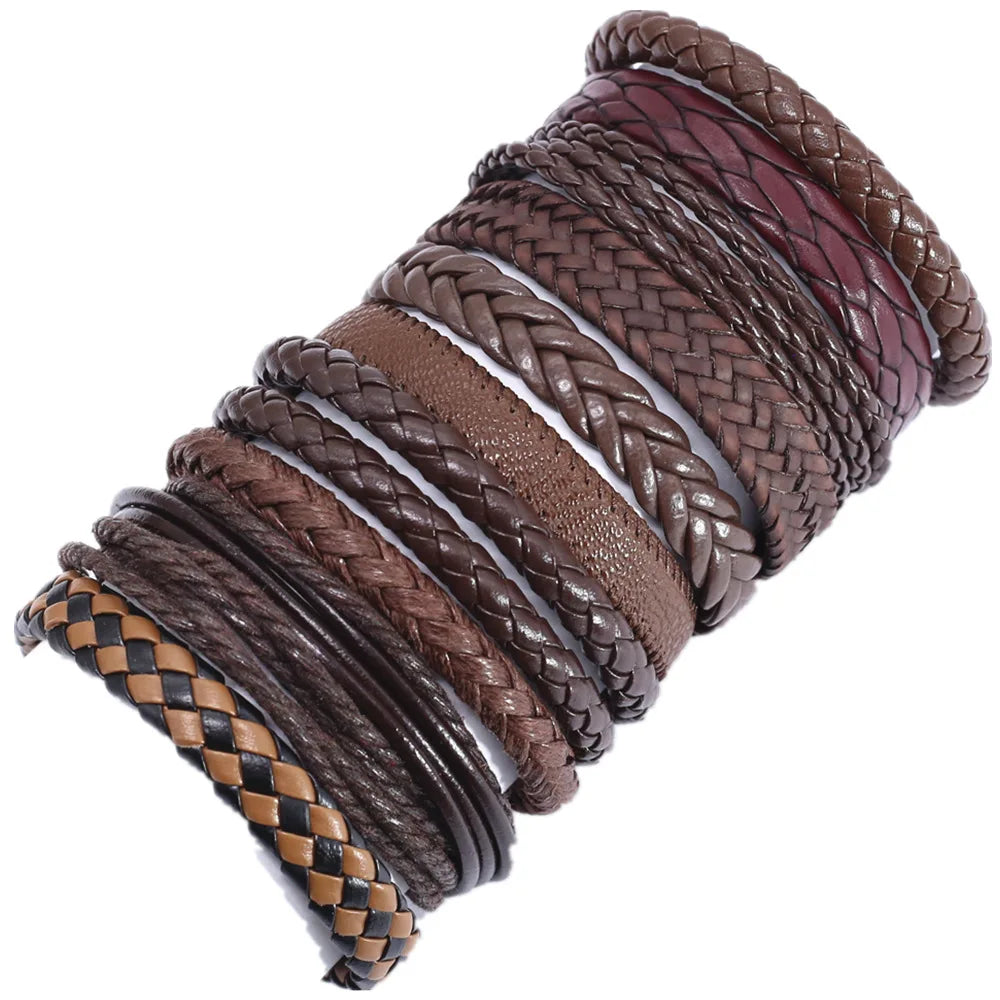 10 Pcs Handmade Weave Charm Wrap Leather Bracelets for Men Women