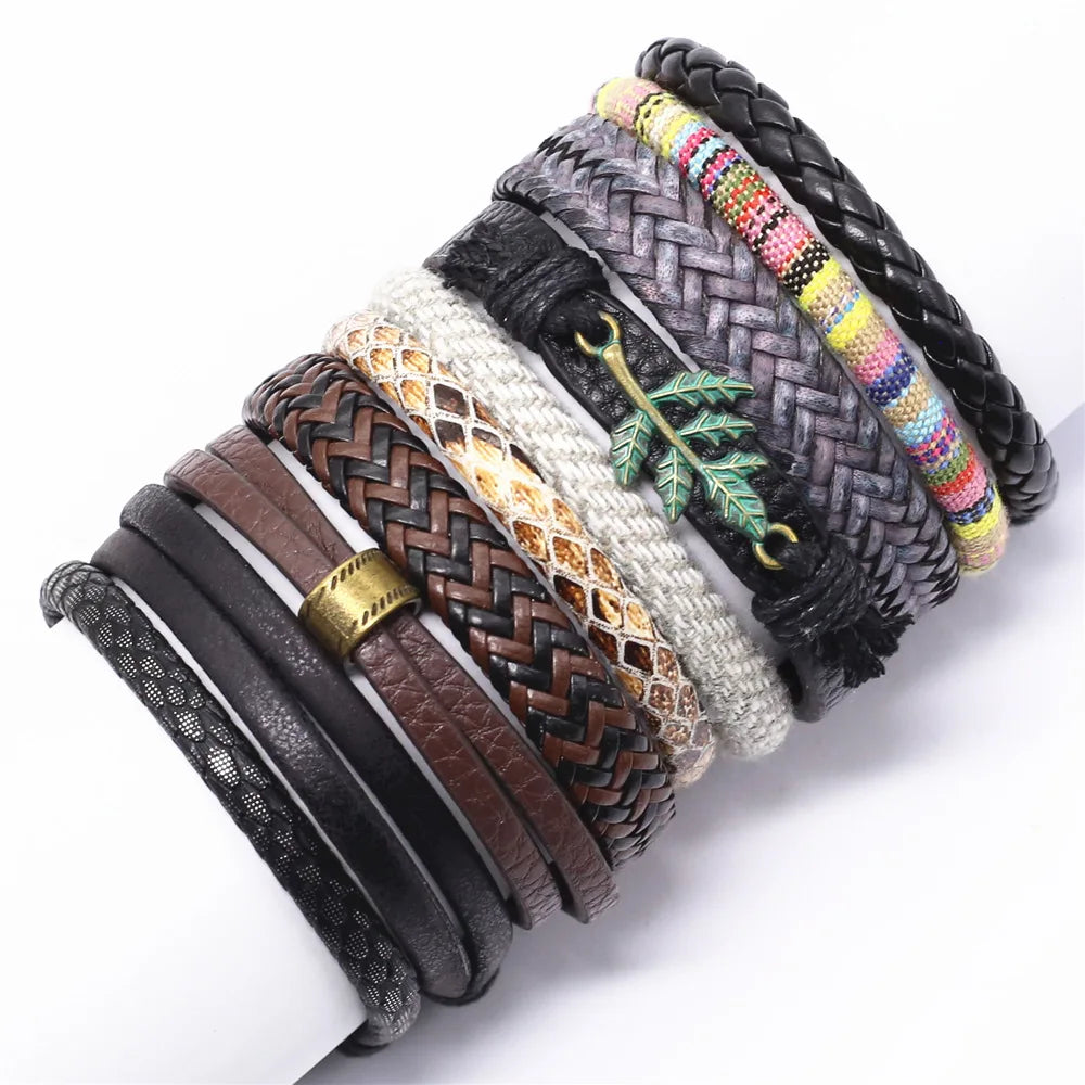 10 Pcs Handmade Weave Charm Wrap Leather Bracelets for Men Women