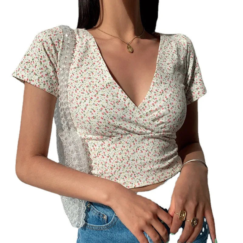 Women's Summer Floral V-Neck Slim High-Waist T-Shirt