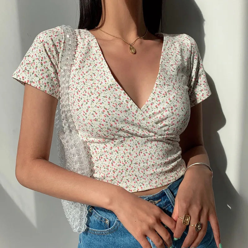 Women's Summer Floral V-Neck Slim High-Waist T-Shirt