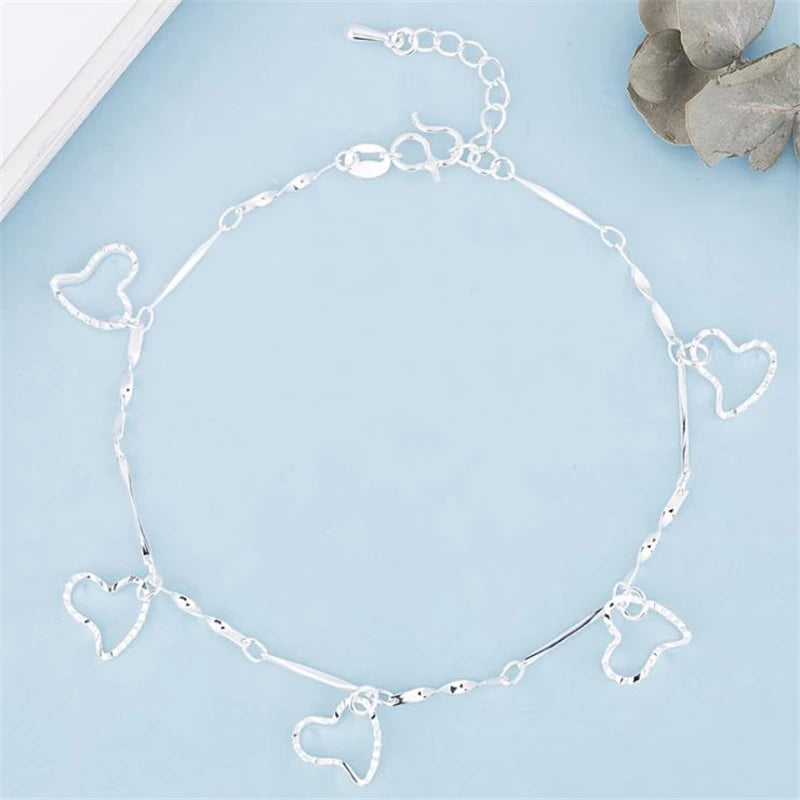 Sterling Silver Love Heart Ankle Chain - Trendy Women's Foot Jewelry