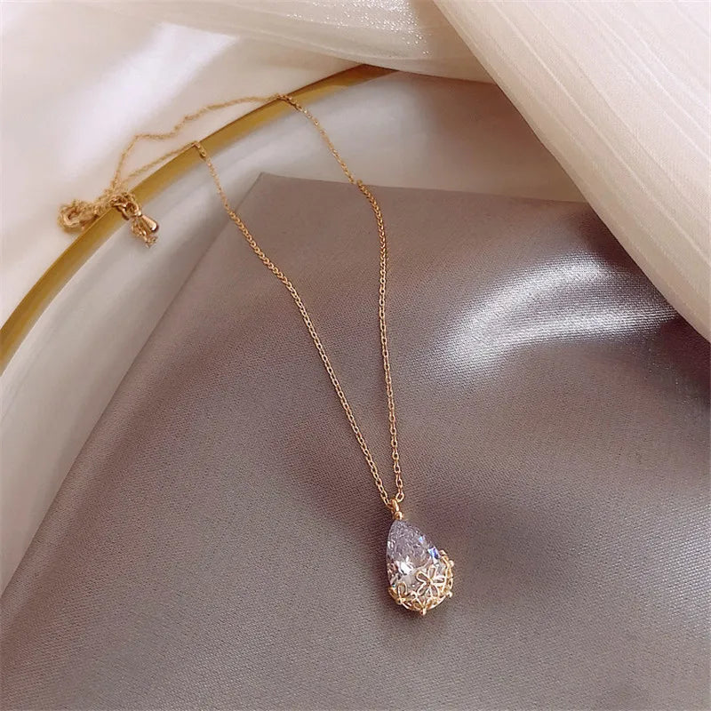 14K Gold Water Drop Lab Diamond Pendant Real 925 Silver Necklace