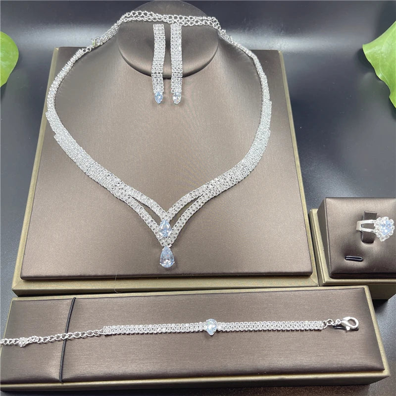 Elegant Silver Rhinestone Bridal Jewellery  Set - Necklace & Earrings