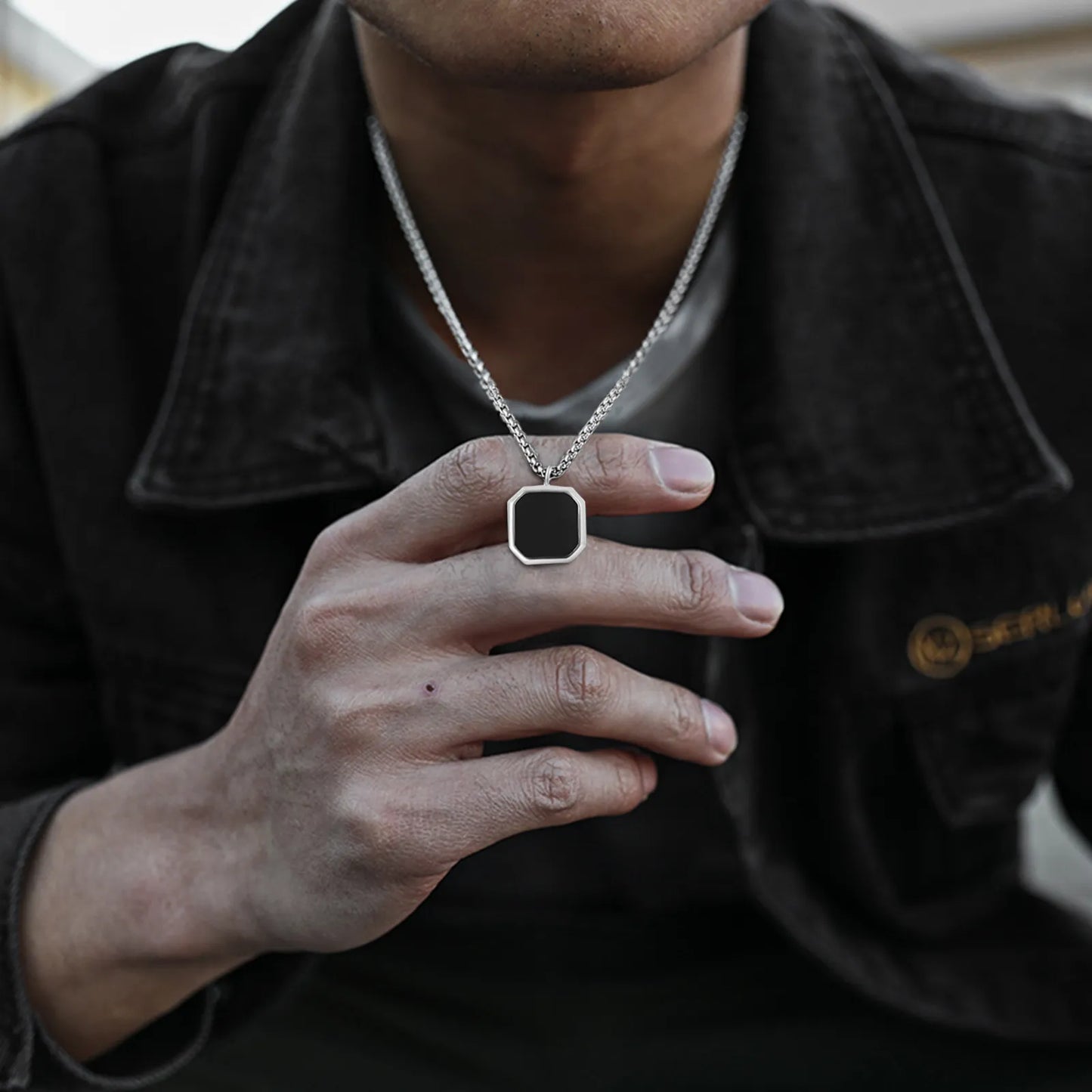 Men's Black Square Stainless Steel Geometric Pendant Necklace