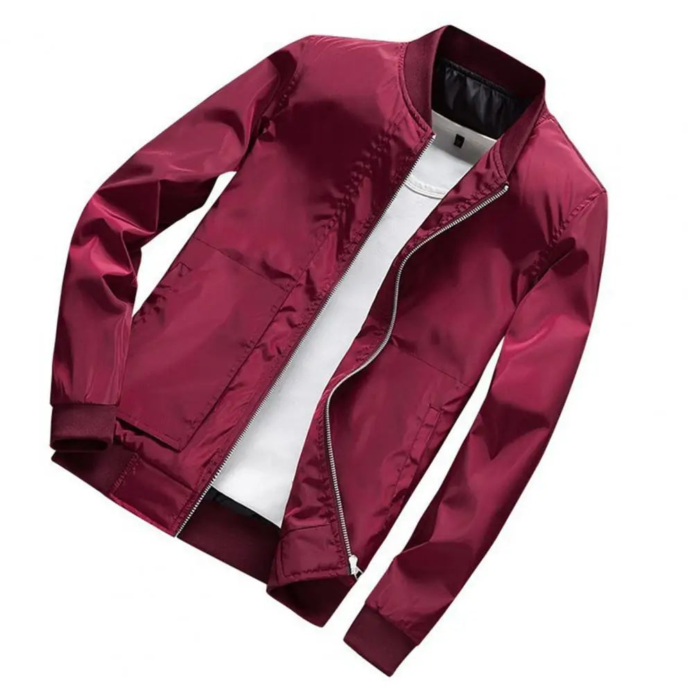 Spring Slim Bomber Jacket for Men - Casual Zipper Windbreaker in Solid Color