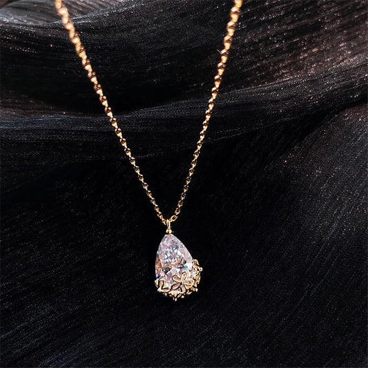 14K Gold Water Drop Lab Diamond Pendant Real 925 Silver Necklace