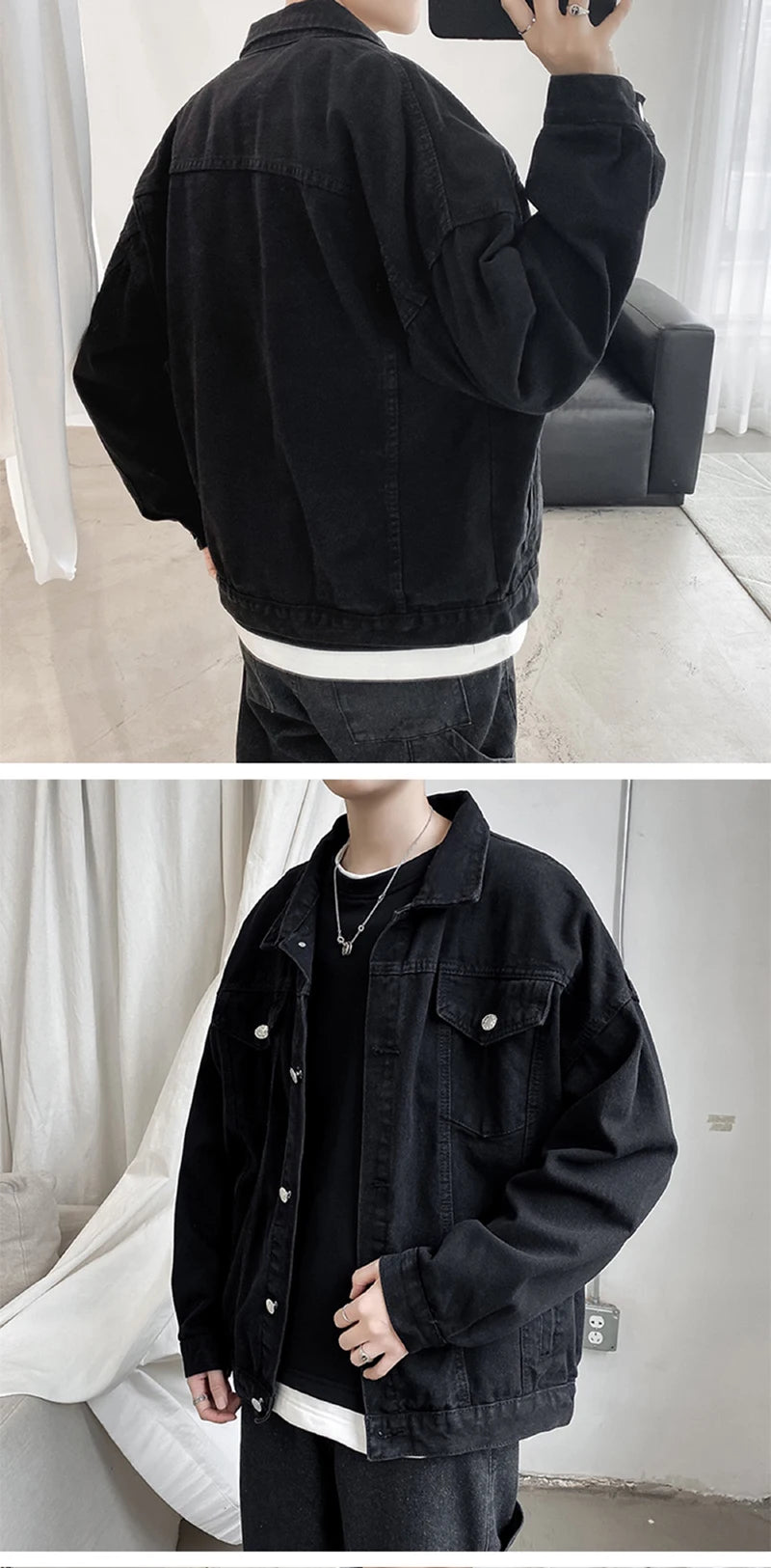 Black Denim Short Jacket: Casual Streetwear Coat with Pockets, Men's Overalls.