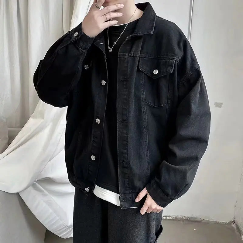 Black Denim Short Jacket: Casual Streetwear Coat with Pockets, Men's Overalls.