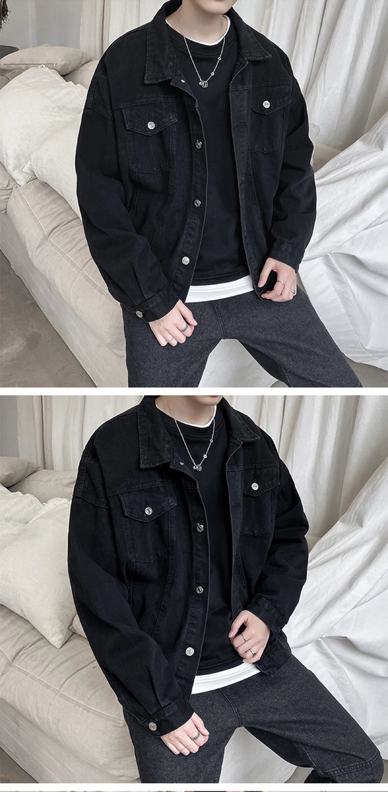 Black Denim Short Jacket: Casual Streetwear Coat with Pockets, Men's Overalls.