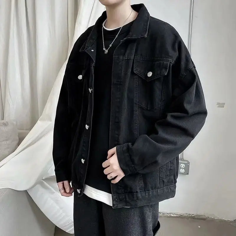 Black Denim Short Jacket: Casual Streetwear Coat with Pockets, Men's Overalls.