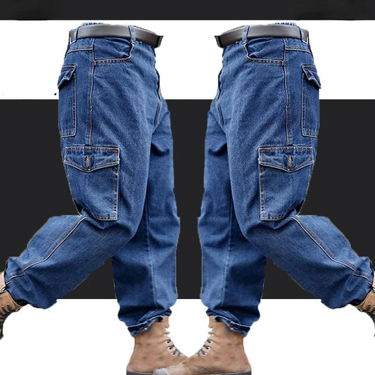 Men's Denim Overalls Work Pants Wear-Resistant Cotton Multiple Pockets Trousers