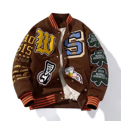 Brown embroidery varsity jacket with baseball lettering and stand collar.