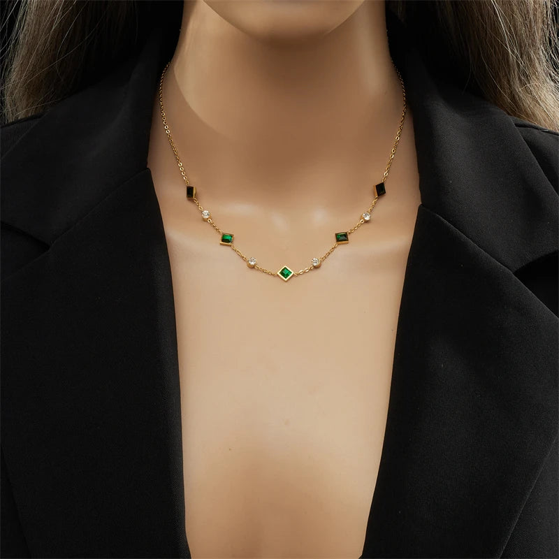 316 Stainless Steel Green Stone Pendant Necklace - Luxury Wedding Jewelry