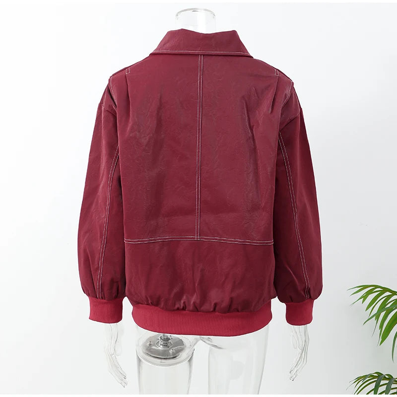 Women’s Wine Red Zipper Leather Jacket: Autumn Jackets for Women