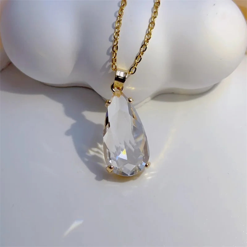 Exquisite Crystal Water Drop Necklace: Retro Design, Stainless Steel Clavicle Chain