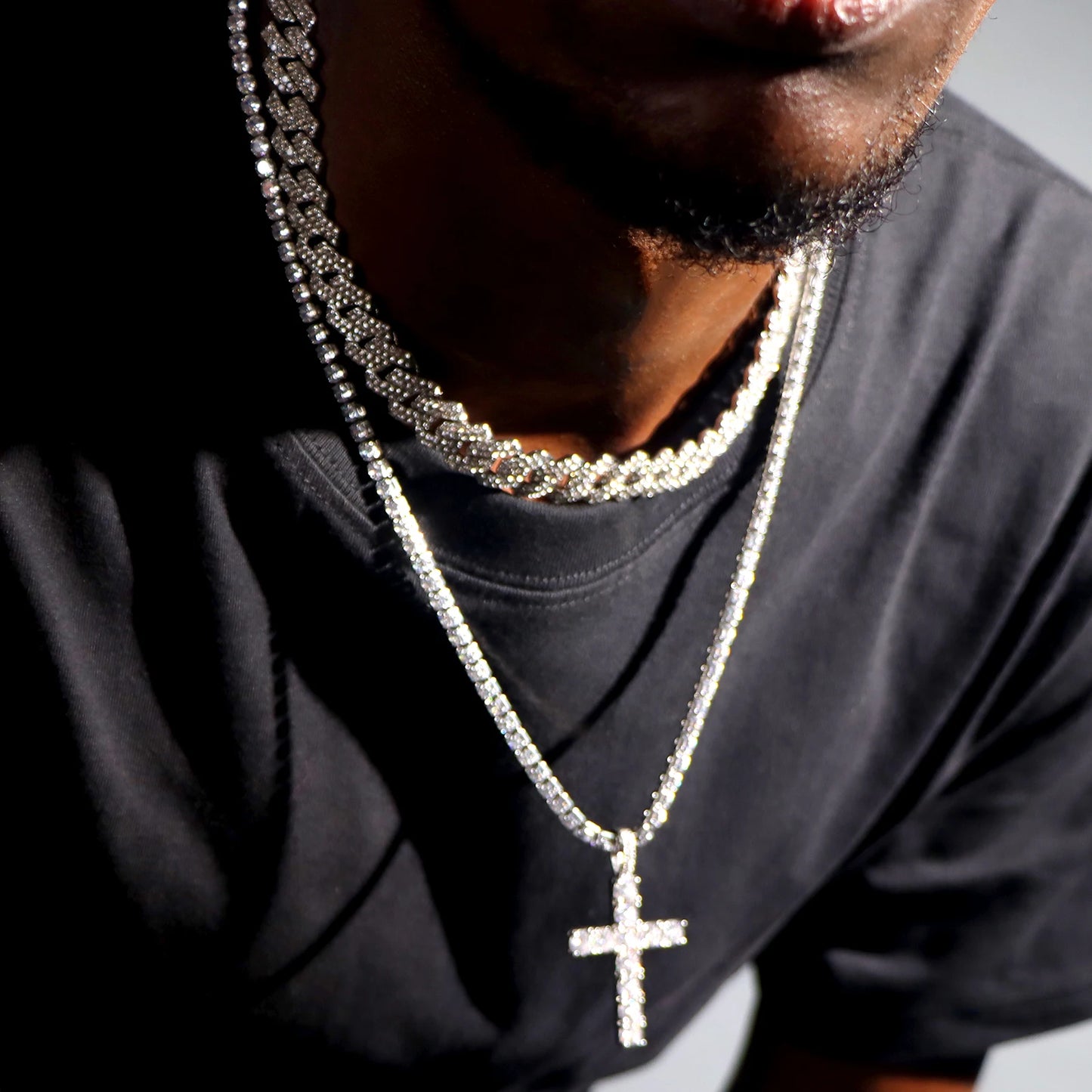 Iced Out Hip Hop 2pcs Cross & Tennis Cuban Chain Set