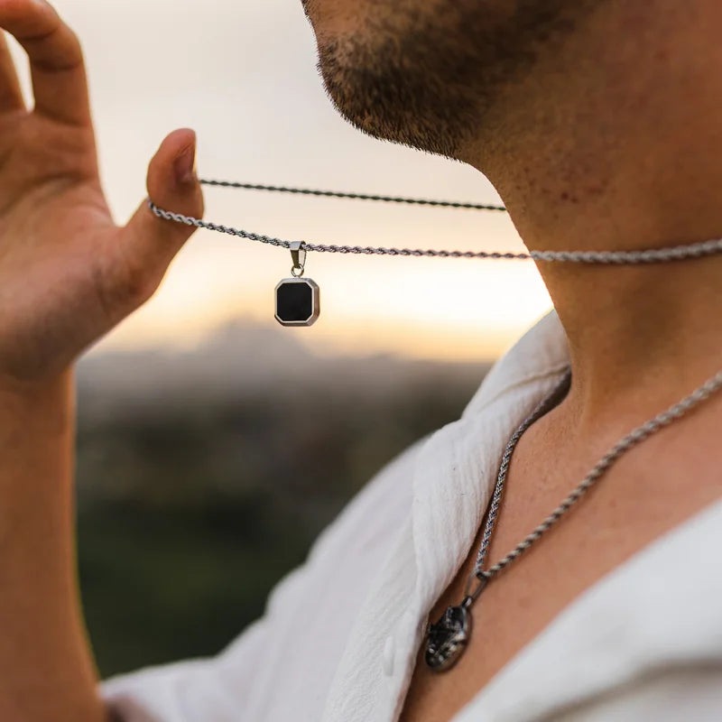 Men's Black Square Stainless Steel Geometric Pendant Necklace