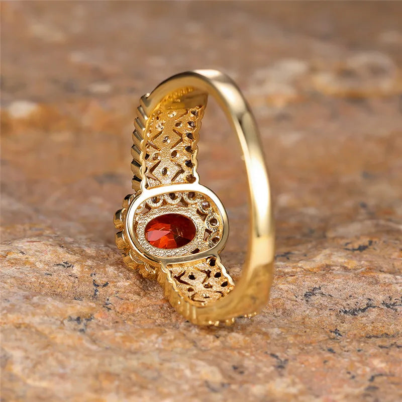 Red Oval Crystal Ring - White Zircon, Gold Ring