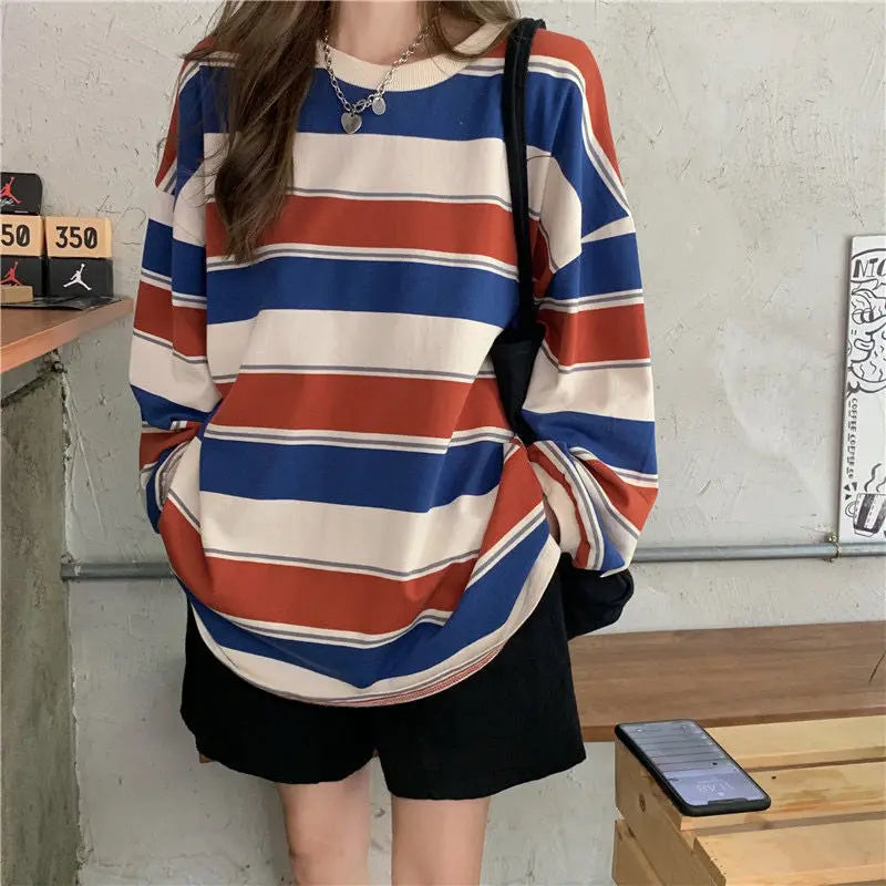 Women's Multi-Striped Long Sleeve Summer Tee: PREMIUM QUALITY T-shirt