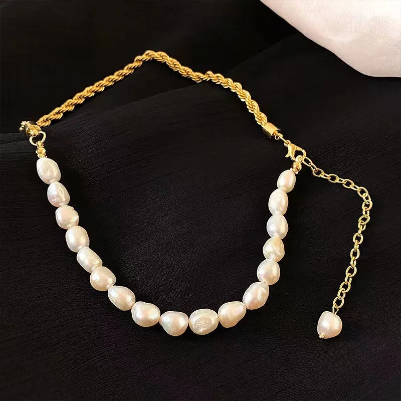 Elegant Freshwater Pearl Beaded Stainless Steel Chain Choker Necklace