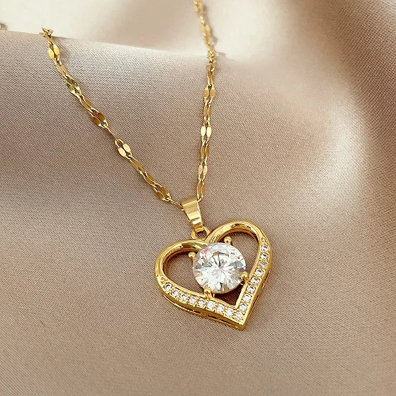 Gold Stainless Steel Heart Pendant Necklace with Artificial Gems