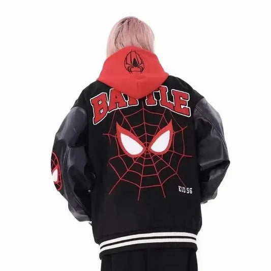 "Spider Embroidery Varsity Jacket For Women: Removable Hat, PU Leather Sleeves.