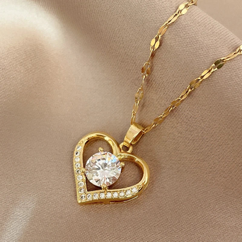 Gold Stainless Steel Heart Pendant Necklace with Artificial Gems