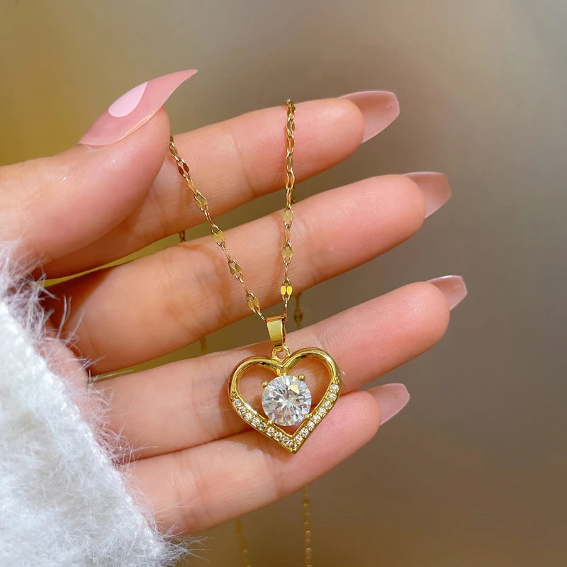 Gold Stainless Steel Heart Pendant Necklace with Artificial Gems