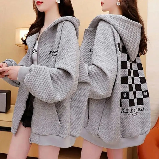 Korean Edition Oversized Hoodie Coat with Plaid Print