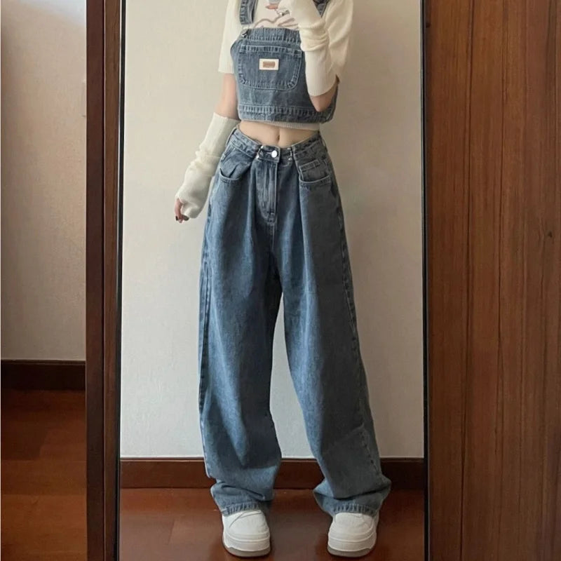 Women's Vintage Denim Baggy High Waist Jeans Korean Fashion Streetwear