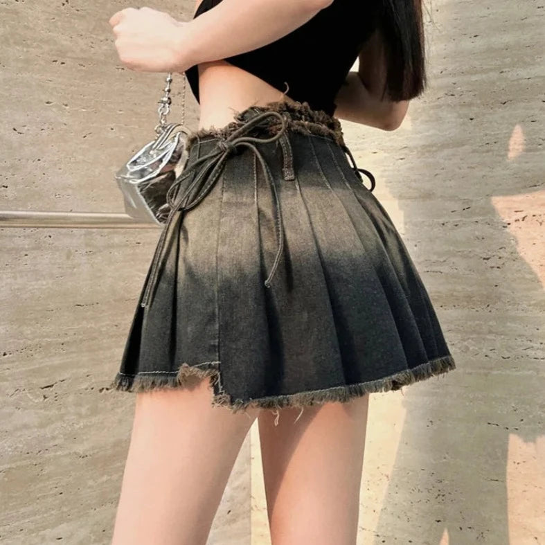 Slim Gothic Y2K Pleated Denim Mini Skirt Schoolgirl Tassel Design