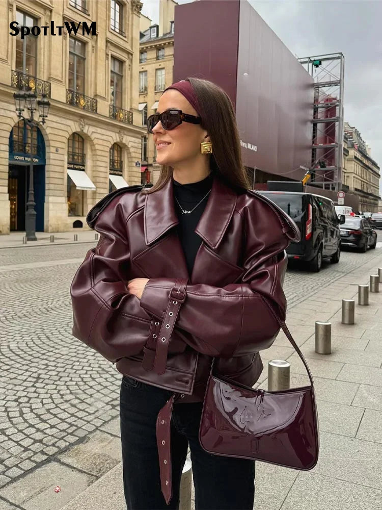 Elegant Wine Red Cropped Leather Jacket for Women, Chic Streetwear