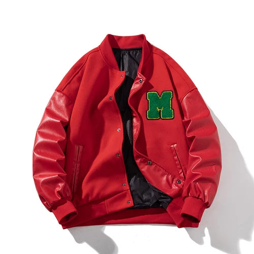 Stylish Red Letter Fashion Varsity Jacket with leather sleeves.