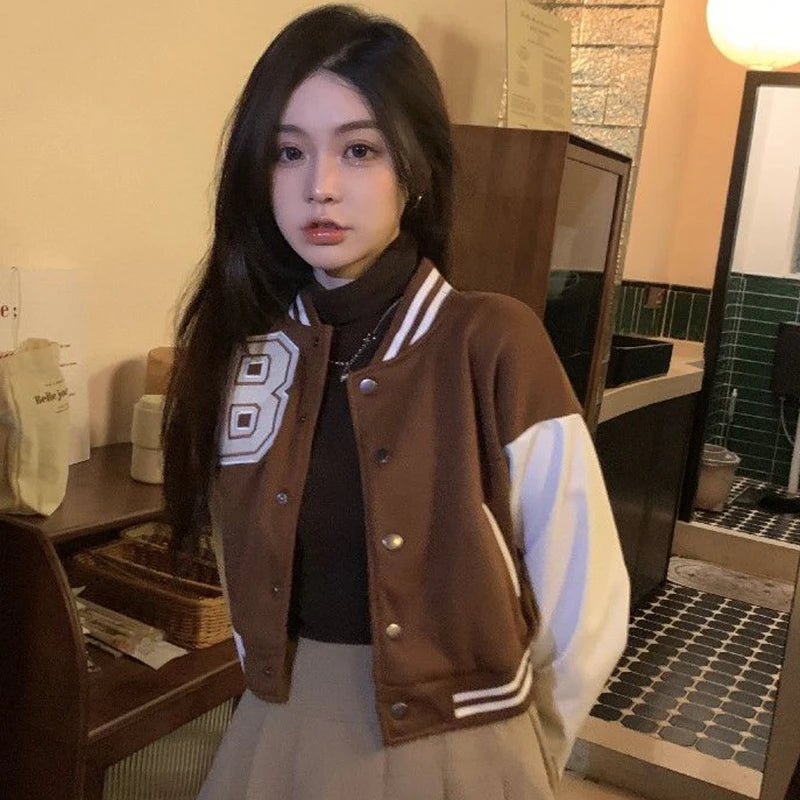 Brown Warm Patchwork Baseball Jacket - Autumn Preppy Crop Top Jackets