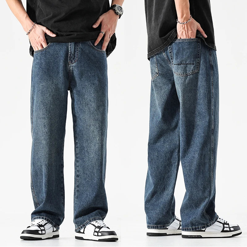 Baggy Wide Leg Jeans Men Dark Blue Denim Korean Style Trousers