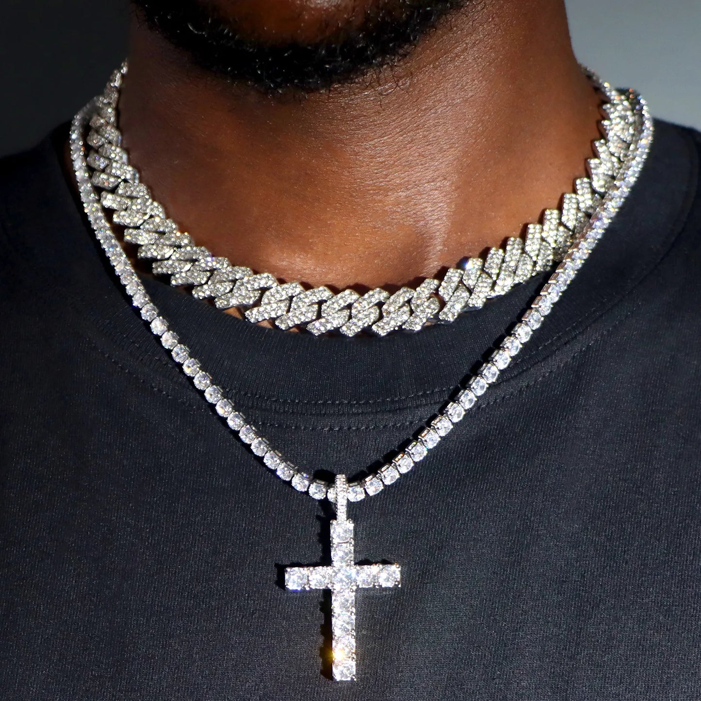 Iced Out Hip Hop 2pcs Cross & Tennis Cuban Chain Set