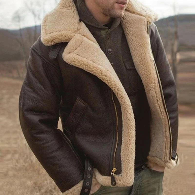 Men's Shearling Bomber Jacket: Faux Leather, Classic Style.