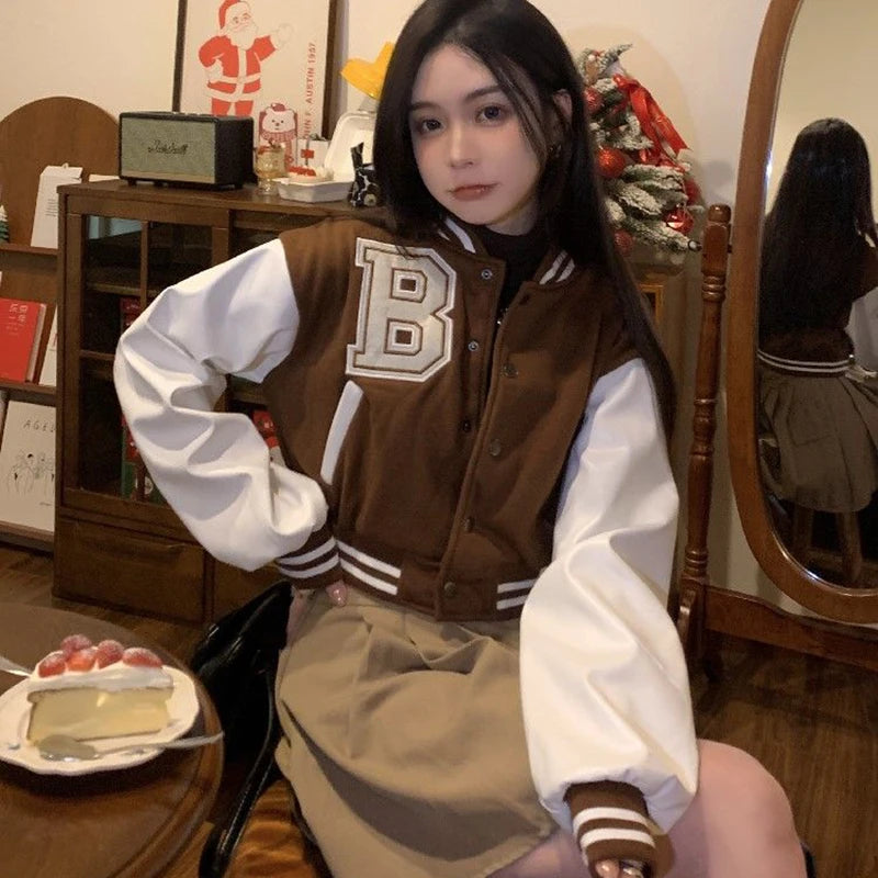 Brown Warm Patchwork Baseball Jacket - Autumn Preppy Crop Top Jackets