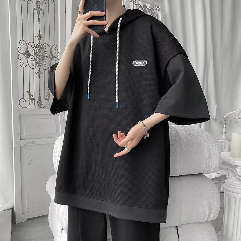 Summer Waffle Hooded Short Sleeve T-shirt - Y2K Korean Streetwear