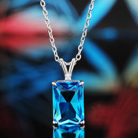 Fashion Female Rectangular Zirconia Pendant Necklace Blue Stone Jewelry