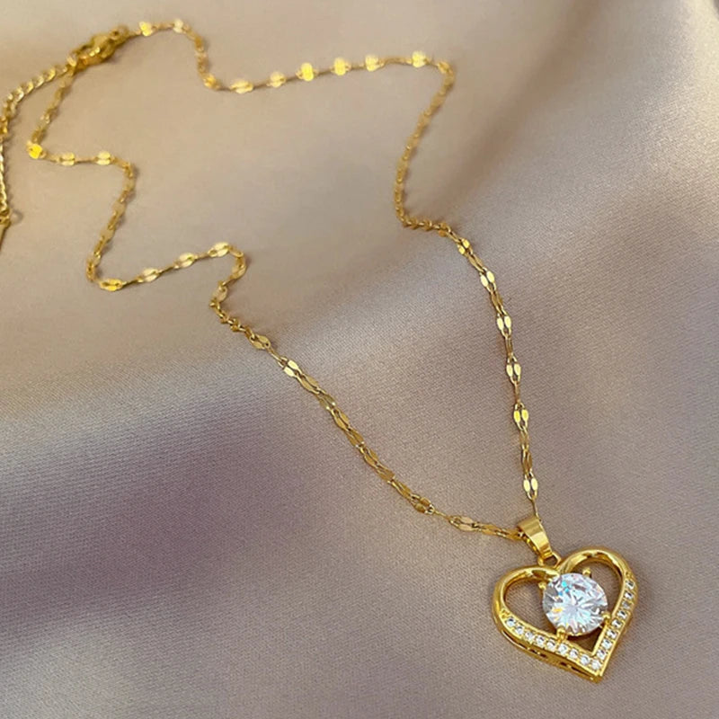 Gold Stainless Steel Heart Pendant Necklace with Artificial Gems