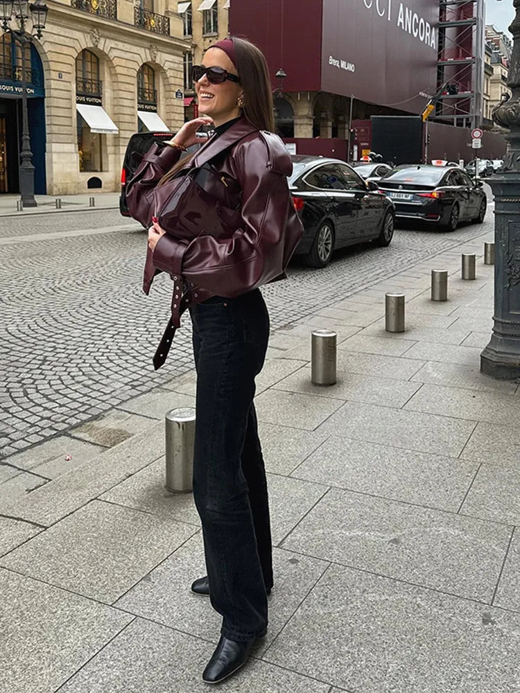 Elegant Wine Red Cropped Leather Jacket for Women, Chic Streetwear