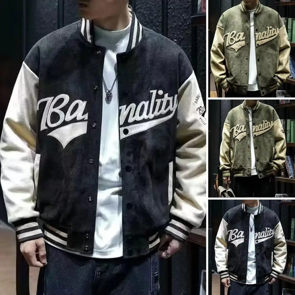 Men's Oversized Stylish Contrasting Color Suede Baseball Jacket with Embroidery