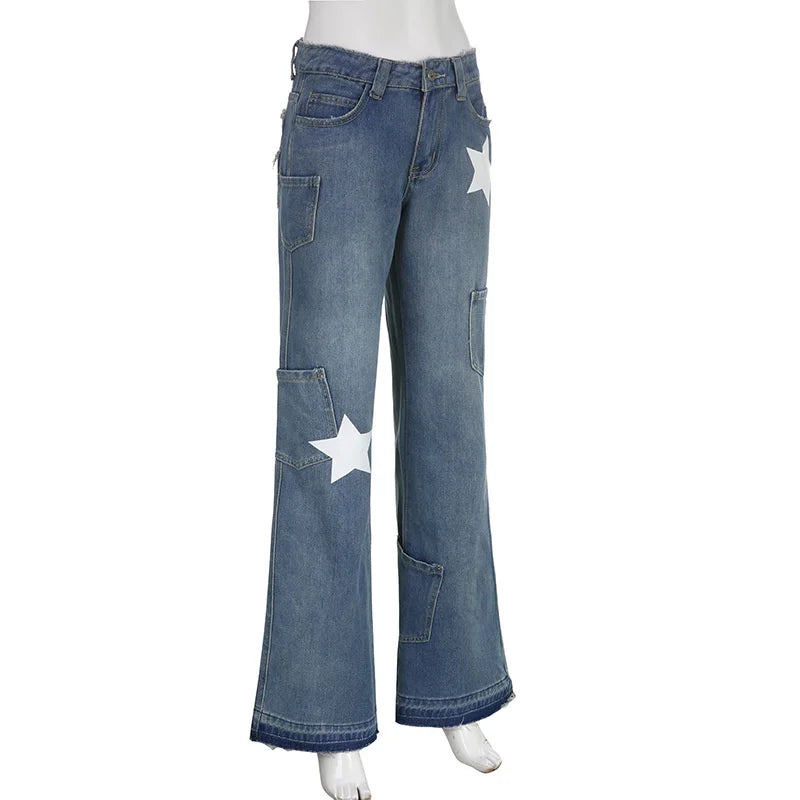 Women's High Waist Star Print Jeans: Streetwear Style, Comfortable Denim.