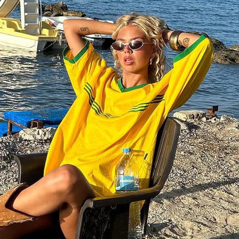 Summer Women's Brazil Embroidery Yellow Oversized T-shirt Beach Casual Tops