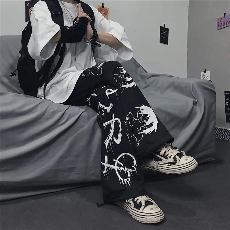 Black Japanese Print Anime Y2K Baggy Sweatpants - Wide-Leg Streetwear